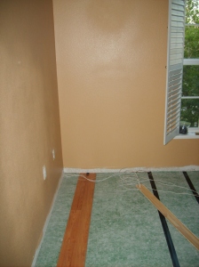 The green carpet-esque stuff is the underlayment, and this is the picture of our first piece of laminate we laid!