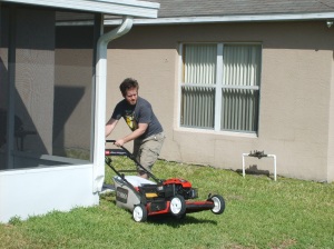Action shot, me and my new fancy dancy lawn mower.